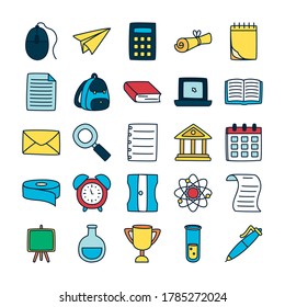 icon set of calendar and school supplies over white background, fill and line style, vector illustration