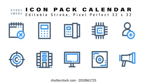 Conjunto de iconos de dos colores del calendario. Contiene iconos como Follower, Follower, Office, Television, etc. Editable Stroke. 32 x 32 Pixel Perfecto