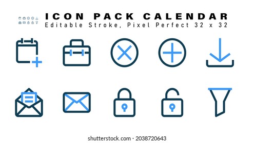 Conjunto de iconos de dos colores del calendario. Contiene iconos como Descargar, Carta, Correo, Bloqueo, etc. Editable Stroke. 32 x 32 Pixel Perfecto