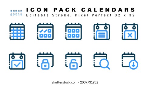 Icon Set of Calendars Two Color Icons. Contains such Icons as Cancel Calendar, Calendar Check, Lock Calendar, Calendar Unlocked etc. Editable Stroke. 32 x 32 Pixel Perfect