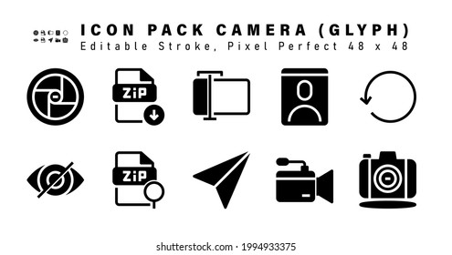 Conjunto de iconos de iconos de los iconos de los lentes de la cámara. Contiene iconos como Sincronizar, Ocultar, Reducir, Avión, etc. 48x48 Perfecto para píxeles