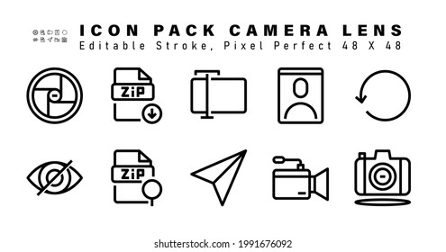 Icon Set of Camera Lens Vector Line Icons. Contains such Icons as Hide, Zoom Out, Airplane, Record Video etc. Editable Stroke. 48x48 Pixel Perfect