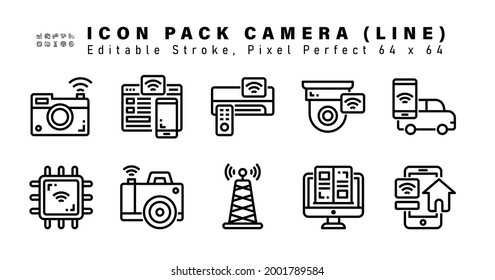 Icon Set of Camera Line Icons. Contains such Icons as Smart Car, Chip, Camera Wireless, Antenna etc. Editable Stroke.Pixel Perfect