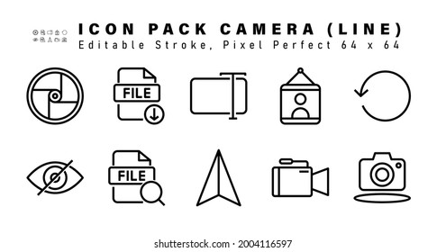 Icon Set of Camera Line Icons. Contains such Icons as Sync, Hide, Zoom Out, Airplane etc. Editable Stroke. 64 x 64 Pixel Perfect