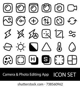 Icon Set for Camera, Photo, Video, and Image Editing Apps. A collection of icons in simple rounded shapes with consistent thickness of lines. Very comfortable to eyes and highly recognizable.