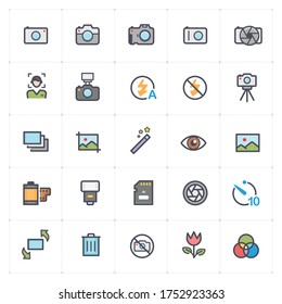 Icon set - camera and photograph outline stroke with color vector illustration on white background svg