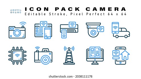 Icon Set of Camera Two Color Icons. Contains such Icons as  Smart Car, Chip, Camera Wireless, Antenna etc. Editable Stroke. 64 x 64 Pixel Perfect