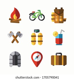 Icon Set Camping for different seasons color. Fire, suitcase, bicycle and more.