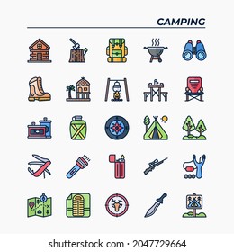 Icon Set of Camping. Filled Outline Color icons vector. Contains such of Cabin wood, Hiking shoes, Forest, Food camp, Tool Camp, Map Location, Hunting Deer and more. You can use for web, app and more.