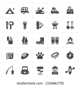 Icon set - Camping filled icon style vector illustration on white background