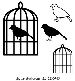 An icon set of canary bird in a cage with white background