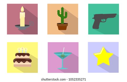 Icon set of a Candle, Cactus, Gun, Cake, Cocktail and Star