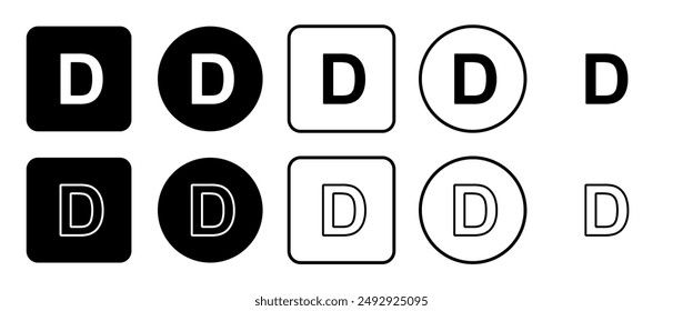 Icon set of capital letter D symbol. Filled, outline, black and white icons set, flat style.  Vector illustration on white background
