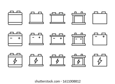 Icon set of car battery. Editable vector pictograms isolated on a white background. Trendy outline symbols for mobile apps and website design. Premium pack of icons in trendy line style.