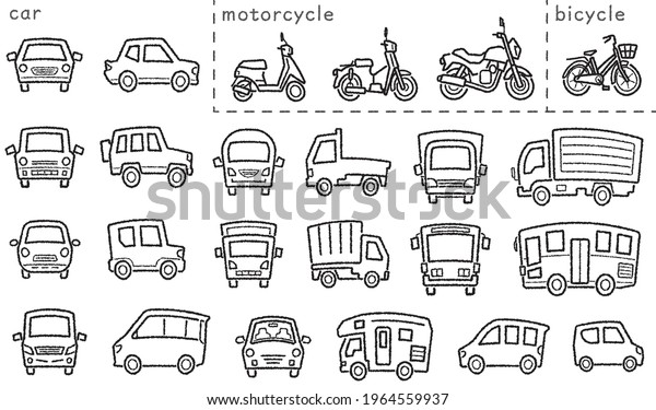 icon set\
of car and bike and bicycle - only hand writing style line drawing\
- arc upper and classification\
version