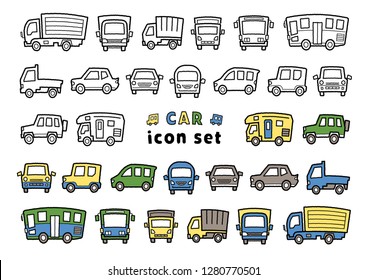 icon set of car - only hand writing style line drawing / hand writing style line drawing plus color - arc upper version