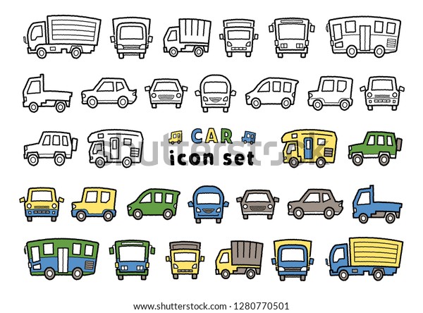 icon\
set of car - only hand writing style line drawing / hand writing\
style line drawing plus color - arc upper\
version