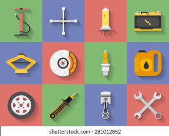 Icon set of Car repair parts, car service. Flat style