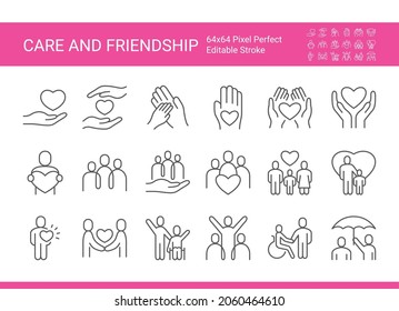 Icon set of care and friendship. Editable vector stroke. Pixel perfect.