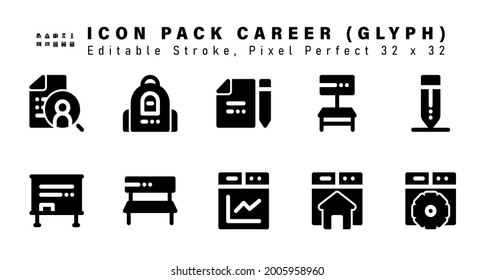 Icon Set of Career Glyph Icons. Contains such Icons as Write, Whiteboard, Chair, Page Graphic etc. Editable Stroke. 32 x 32 Pixel Perfect