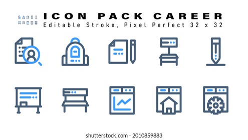 Icon Set of Career Two Color Icons. Contains such Icons as Write, Whiteboard, Chair, Page Graphic etc. Editable Stroke. 32 x 32 Pixel Perfect