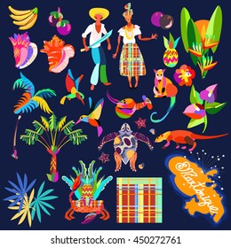 Icon set. Caribbean island tropical flowers,leaves and bird hand drawn colorful.Sea shell and palm,exotic fruits, humming-bird, crab,turtle, mongoose, woman, cutter of reed