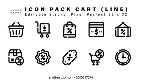 Icon Set of Cart Line Icons. Contains such Icons as Discount, Product, Discount Tag, Price etc. Editable Stroke. 32 x 32 Pixel Perfect