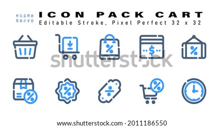 Icon Set of Cart Two Color Icons. Contains such Icons as Shopping Discount Label, Product, Discount, Price etc. Editable Stroke. 32 x 32 Pixel Perfect