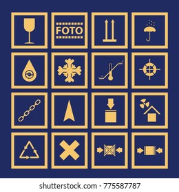 Icon set for carton. Gold icons in blue background.