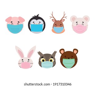 icon set of cartoon animals with face masks over white background, colorful design, vector illustration