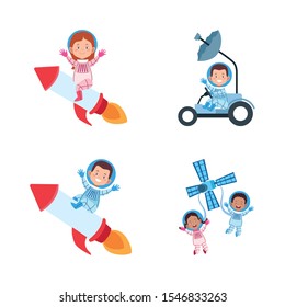 icon set of cartoon astronauts on space vehicles over white background, vector illustration