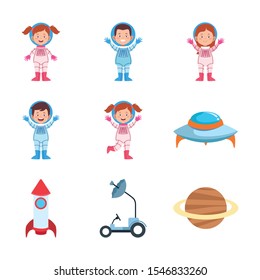 icon set of cartoon astronauts and space related icons over white background, vector illustration