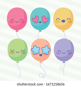 icon set of cartoon cute balloons over white background, colorful design, vector illustration