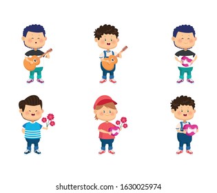icon set of cartoon happy boys with love gifts over white background, vector illustration