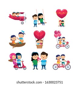 icon set of cartoon happy couples over white background, vector illustration