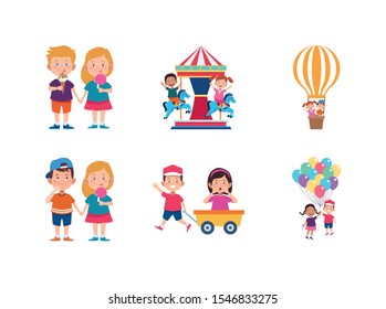 icon set of cartoon happy kids and carousel related icons over white background, vector illustration