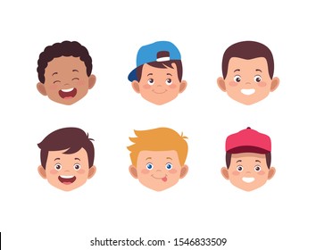 icon set of cartoon kids faces over white background, colorful design. vector illustration