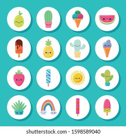 icon set cartoons design, Kawaii expression cute character funny and emoticon theme Vector illustration