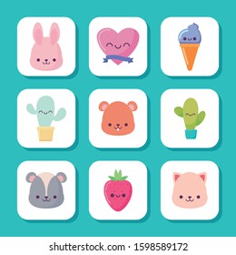 icon set cartoons design, Kawaii expression cute character funny and emoticon theme Vector illustration