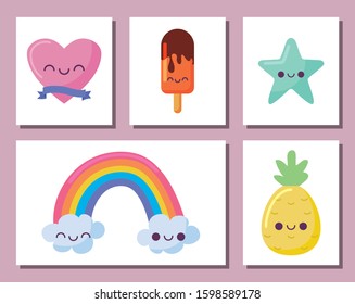 icon set cartoons design, Kawaii expression cute character funny and emoticon theme Vector illustration
