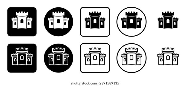 Icon set of castle symbol. Filled, outline, black and white icons set, flat style.  Vector illustration on white background