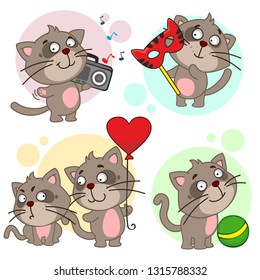 Icon set with cats for design. The cat stands with a tape on his shoulder and listens to music, with a carnival mask, playing with a ball, two cats with a balloon in the form of a heart.
