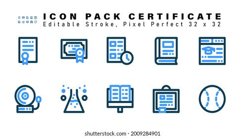 Icon Set of Certificate Two Color Icons. Contains such Icons as Education, School Alarm, Beaker, E Learning etc. Editable Stroke. 32 x 32 Pixel Perfect