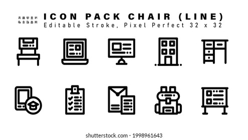Icon Set of Chair Line Icons. Contains such Icons as Table, Mobile, Exam, School Report etc. Editable Stroke. 32 x 32 Pixel Perfect