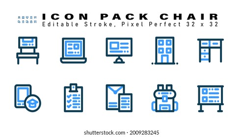 Conjunto de iconos de la silla Dos iconos de color. Contiene íconos como Tabla, Móvil, Examen, Informe escolar, etc. Editable Stroke. 32 x 32 Pixel Perfecto