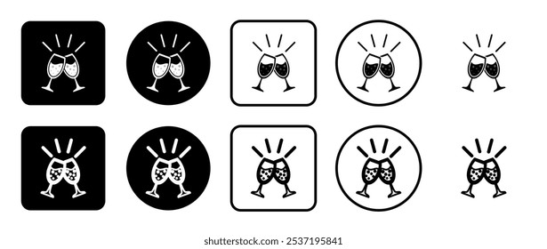Icon set of champagne toast symbol. Filled, outline, black and white icons set, flat style.  Vector illustration on white background
