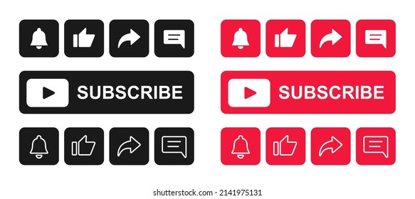 Icon Set For Channel And Social Networks. Like, Comment, Share, And Subscribe Button. Collection Of Subscription Buttons In Icon Shape For Channel, Blog, Social Media. Vector Illustration. EPS 10