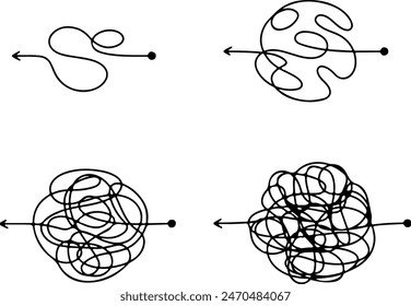 Ikone Satz von Chaos komplexen Prozess. Chaotische Linie Pfeillinien Handgezeichnete komplexe Route Gebogene Kratzwege verwirrte chaotische Knoten Reisen Wirrwarr. Dünne Linien-Symbole Flache Vektorgrafiken auf weißem Hintergrund