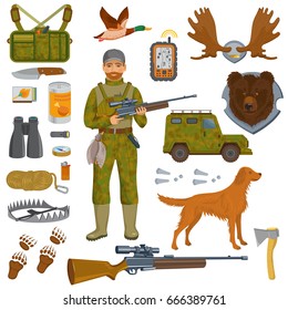 Icon set with character of hunter, hunter equipment, birds, animals, animal traces, offroad jeep. 
Vector illustration in flat style. Highly detailed.