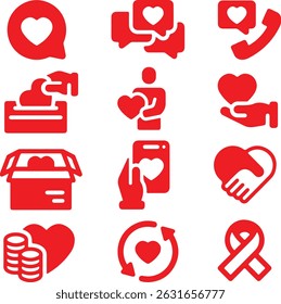 Icon set of charity donation support helping volunteer generosity welfare empathy fundraising. Flat icons vector illustrations